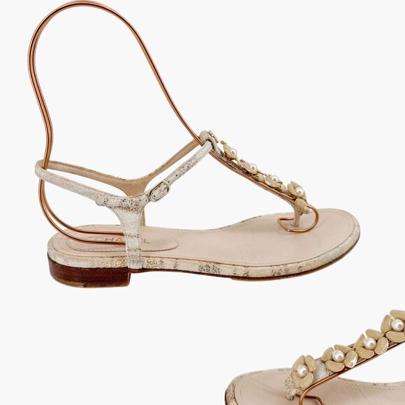 Chanel Camellia Pearl CC T-Strap Flat Sandals EU 38 US 7-7.5 Beige Leather Logo - Picture 8 of 11